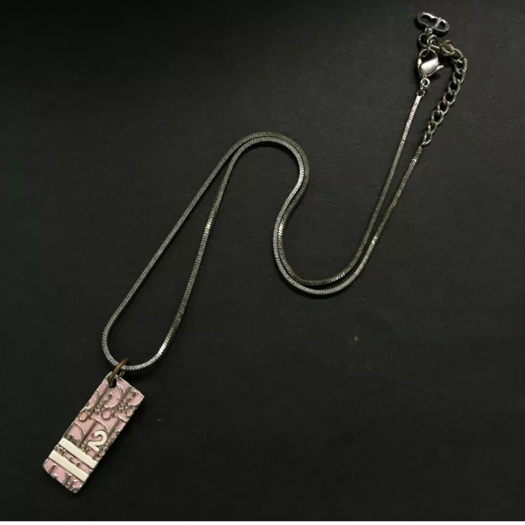 Authentic Christian Dior Trotter Logo Silver Tone Pendant Necklace Pink Pendant